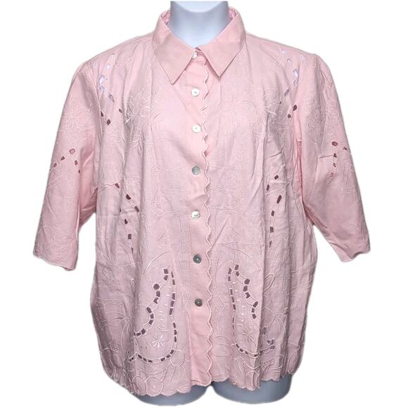 Susan Graver Shirt Blouse Womens Plus Size 2X Pink Linen Blend Scallop NEW NWT - Picture 2 of 16